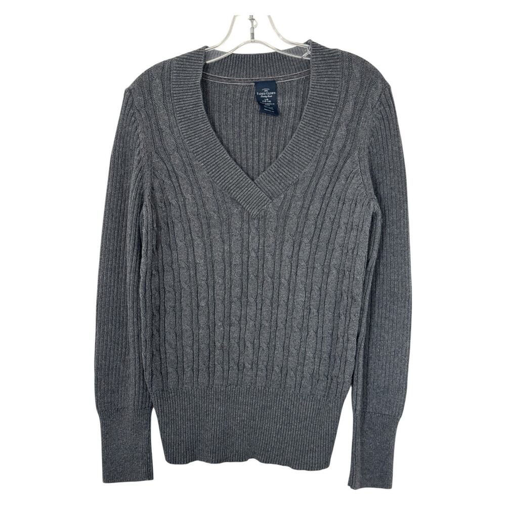 Vintage Cable Knit V-Neck Sweater Womens L Gray Minimalist